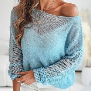 Blue Hollow Knit Boatneck Sweater, M